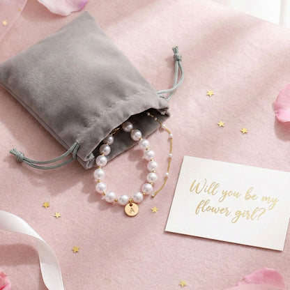 Fizzlup 2Pcs Pearl And Gold Initial Bracelet Set，Dainty Pearls Bracelets Jewelry for Women Wedding Prom Trendy Crystal Charm Cuff Stack Bead Linkbracelet Personalized Gift Stuff Letter W