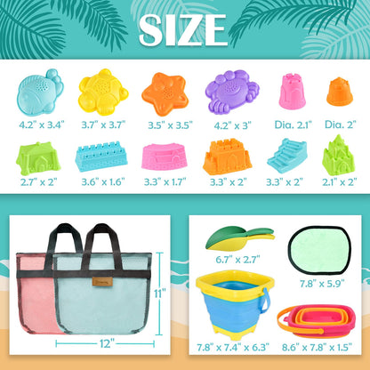 Aclarastra Collapsible Beach Sand Toys for Kids - Travel Beach Toys with 2 Collapsible Beach Buckets, Mesh Bags, Sand Castle Molds, Sand Bucket Shovel Set Sandbox Toy for Toddlers Kids
