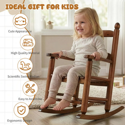 Outvita Kids Rocking Chair, Ergonomic Sturdy Toddler Rocking Chair with High Backrest & Rounded Armrests, Safe Solid Wood Baby Rocker Chair for Age 3-6, Outdoor, Living Room, Reading Room(Brown)