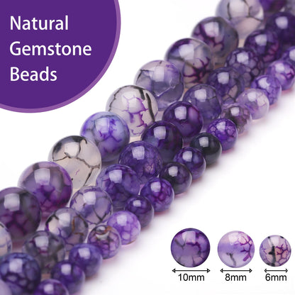 Chicager 8mm Natural Stone Beads for Jewelry Making,Purple Dragon Vein Agate Polished Smooth Round Gemstone Beads for Bracelet Necklace 15 Inch