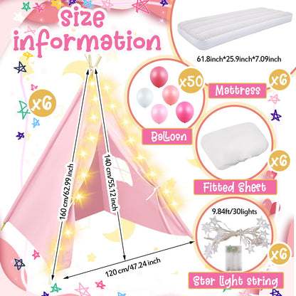 Lemosae 6 Pack Sleepovers Teepee Tent for Kids Bulk with Mattress Sheet Light,Natural Cotton Washable Indoor Play Tent for Birthday Slumber Party Girls Boys Pajama Movie Night Supplies(Light Pink)