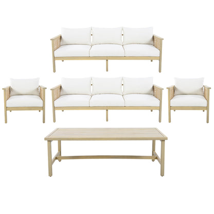 Christopher Knight Home Teras 8-Seater Patio Furniture Set with Removable Cushion, 5 Piece Outdoor Acacia Wood Conversation Set, Sold Wood Outdoor Sectional Sofa Set with Coffee Table,Light Teak+Cream