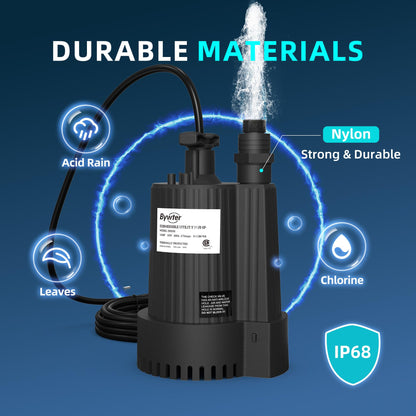 Bywter 1/6 HP Submersible Water Pump, 1500 GPH Sump Pump with Thermoplastic Housing, 115V Portable Electric Water Pump with 10 Ft Cord for Basement, Yard, Boats and Pool Covers