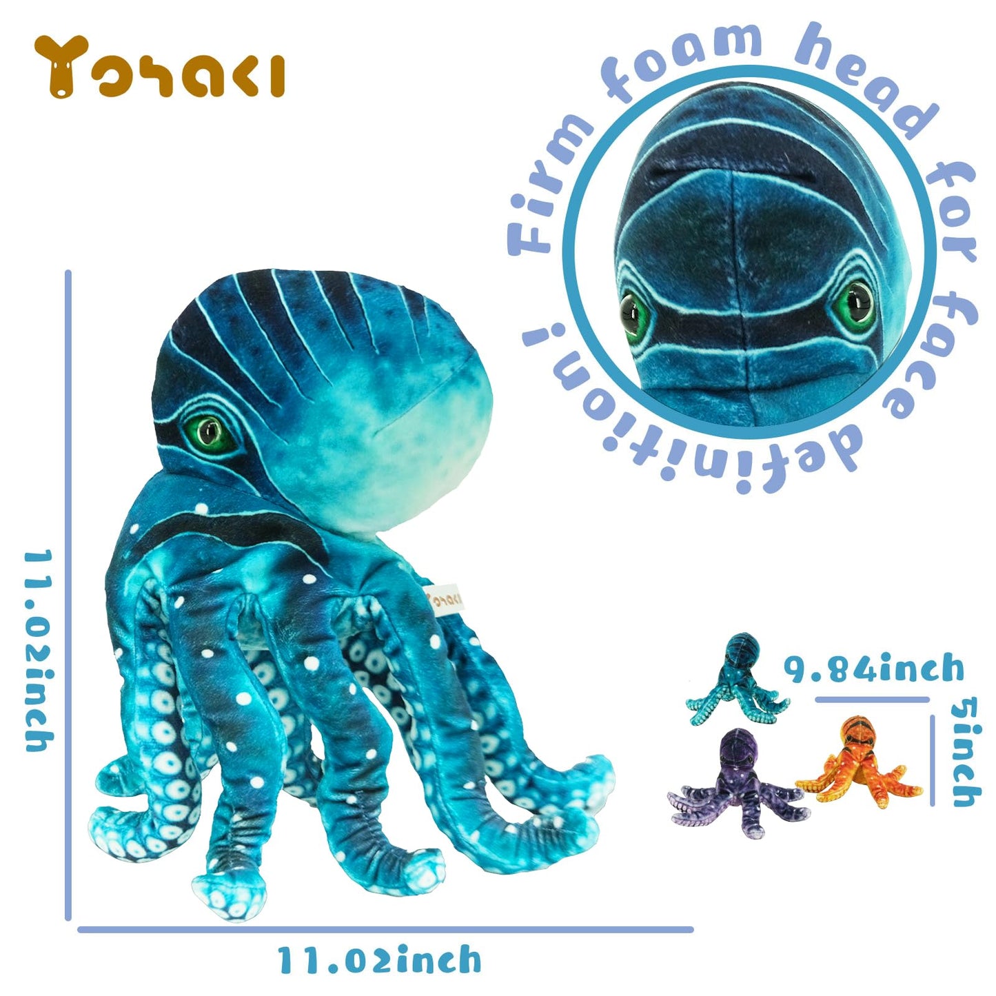 YOHAKI Octopus Stuffed Animal, 11''Marine Printed Octopus Plush Toys with 3 Baby, Soft Washable Toy Stuffed Marine Animal for Home Decor, Idea Gift for Kids Boys Girls Christmas Birthday Gifts (Blue)