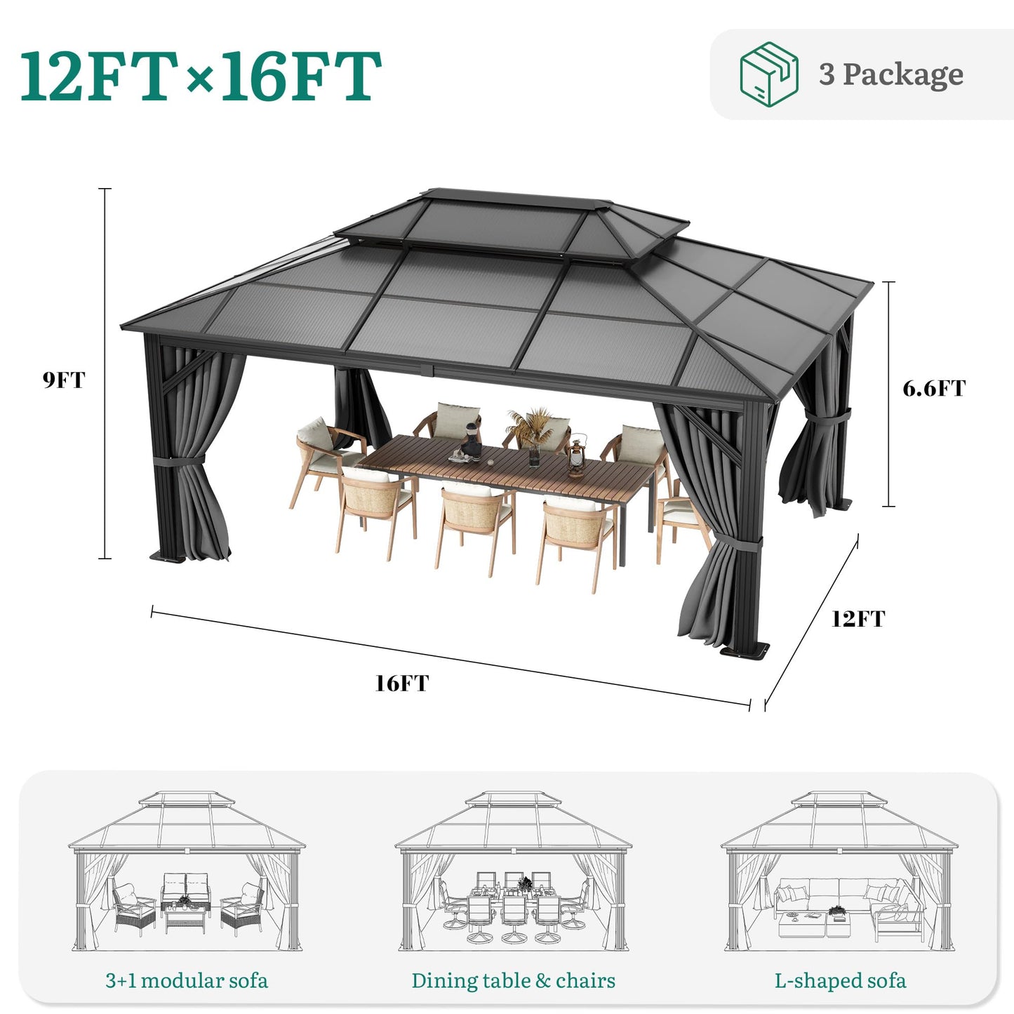 YITAHOME 12x16FT Polycarbonate Gazebo Double Roof Canopy Outdoor with Netting and Shaded Curtains, Aluminum Frame Polycarbonate Hardtop Garden Tent for Patio, Backyard, Deck and Lawns, Grey