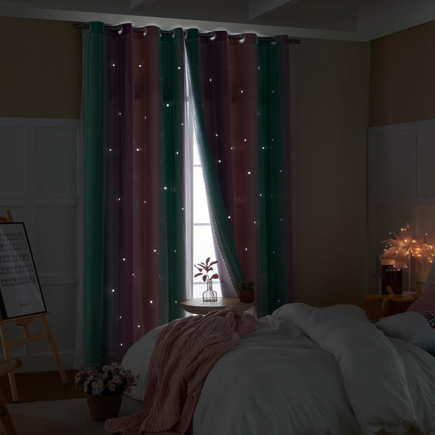 XiDi Curtains for Girls Bedroom Kids Room Unicorn Princess Theme Room Darkening 63 inches Long Wall Decals Pink Purple Green, W52 X L63
