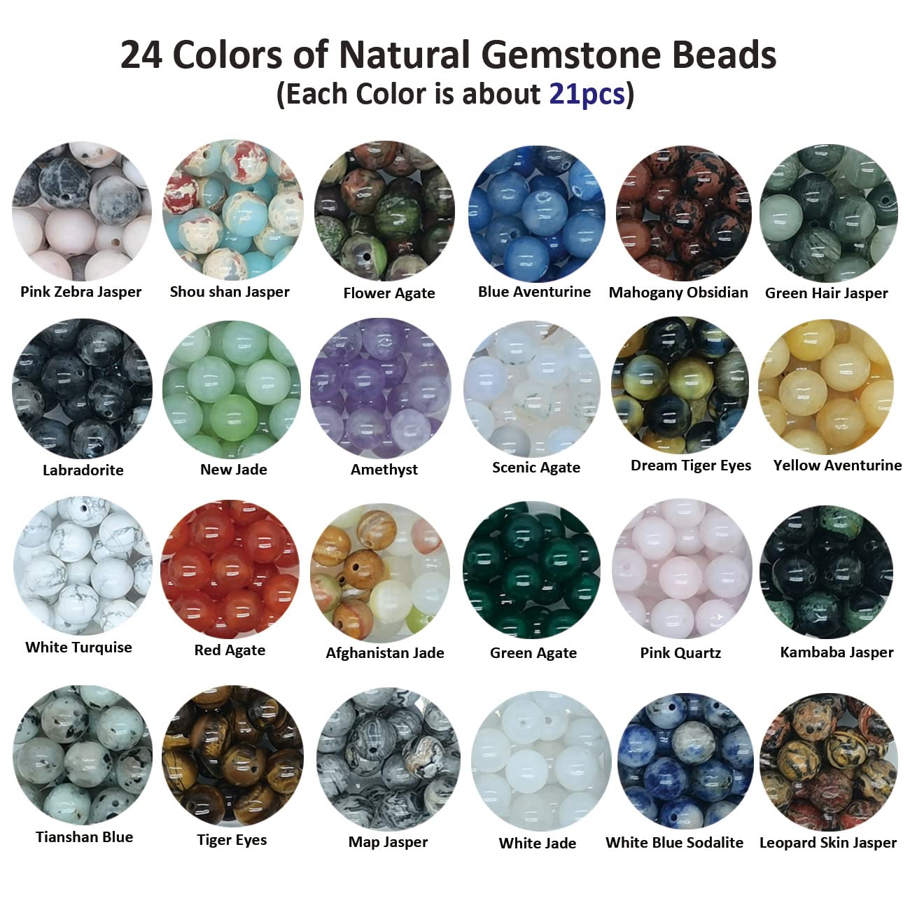 504pcs 8mm Natural Round Stone Beads Gemstone Beading Hole Size 1mm Crystal Energy Stone Healing for Bracelet Necklace Earrings Jewelry Making(24 Colors-2,8mm)