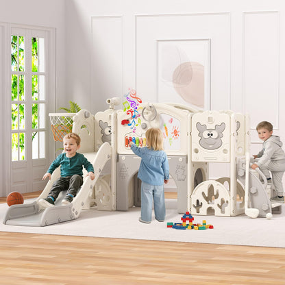BIERUM Toddler Slide Set with Basketball Hoop, Golf Game & Drawing Board, 13-in-1 Indoor Outdoor Toddler Slides Playground for Kids Ages 1+, Kids Climber Playset for Backyard (Cream&Gray)