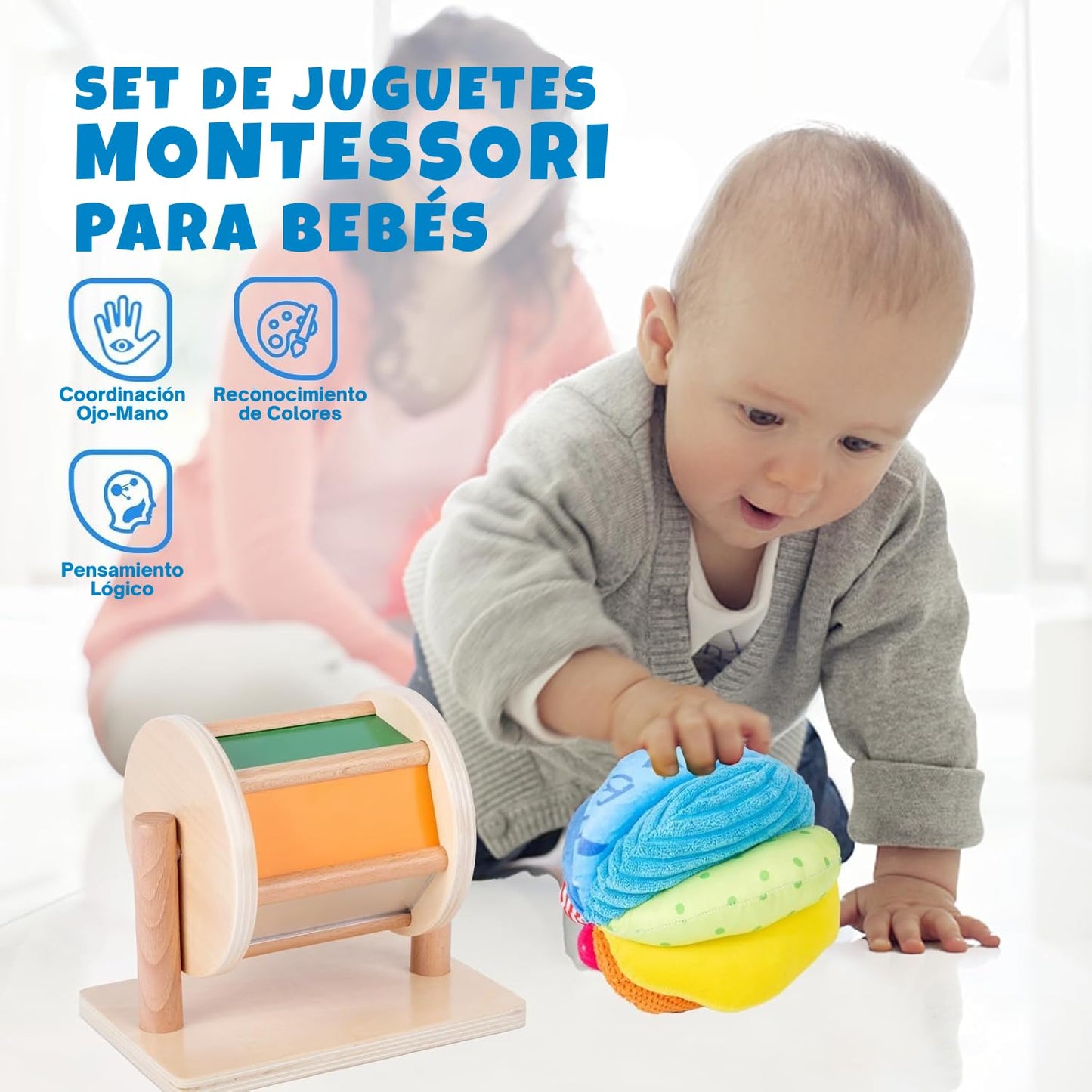 Montessori Baby Toys Play Kit Montessori Mirror Peekaboo Knob Puzzle, Medium Spinning Drum and Rainbow Fabric Ball Kit Toys for6-12Months Toddlers (Play Kit 3)