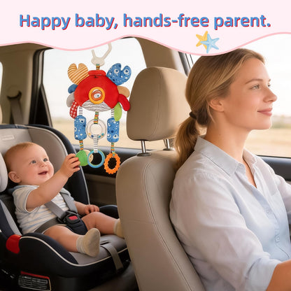 Baby Car Seat Toys with Clip- Travel Sensory Toys for 6 7 8 9 10 11 12 Months, Infant Roadtrip Soft Montessori Hanging Plush Toys Wind Chime, Teether, Rattle, Squeaky for Newborn Boy Girl Gifts