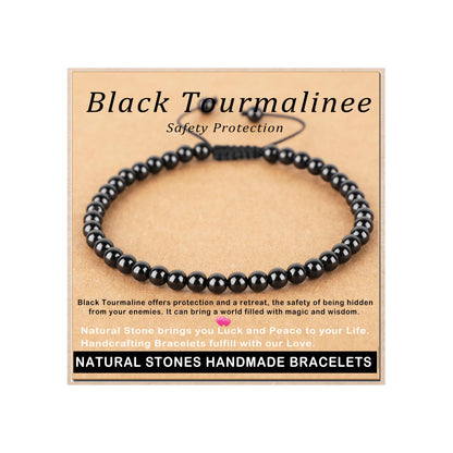 AD Beads 4mm Black Tourmaline - Best protection - Handmade Natural Stone Crystal Bracelet with Adjustable Macrame String - Yoga Healing Power Energy Gifts for Men and Women