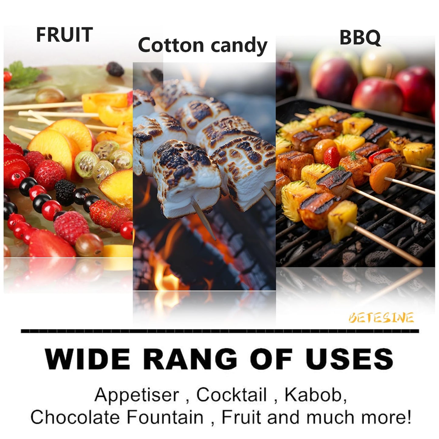 BETESINE 24 Inch Bamboo Marshmallow Roasting Sticks, 100 Pack 6.3mm Thick S’mores Sticks for Fire Pit, Campfire, BBQ, Hot Dogs & Camping, Natural Disposable Bamboo