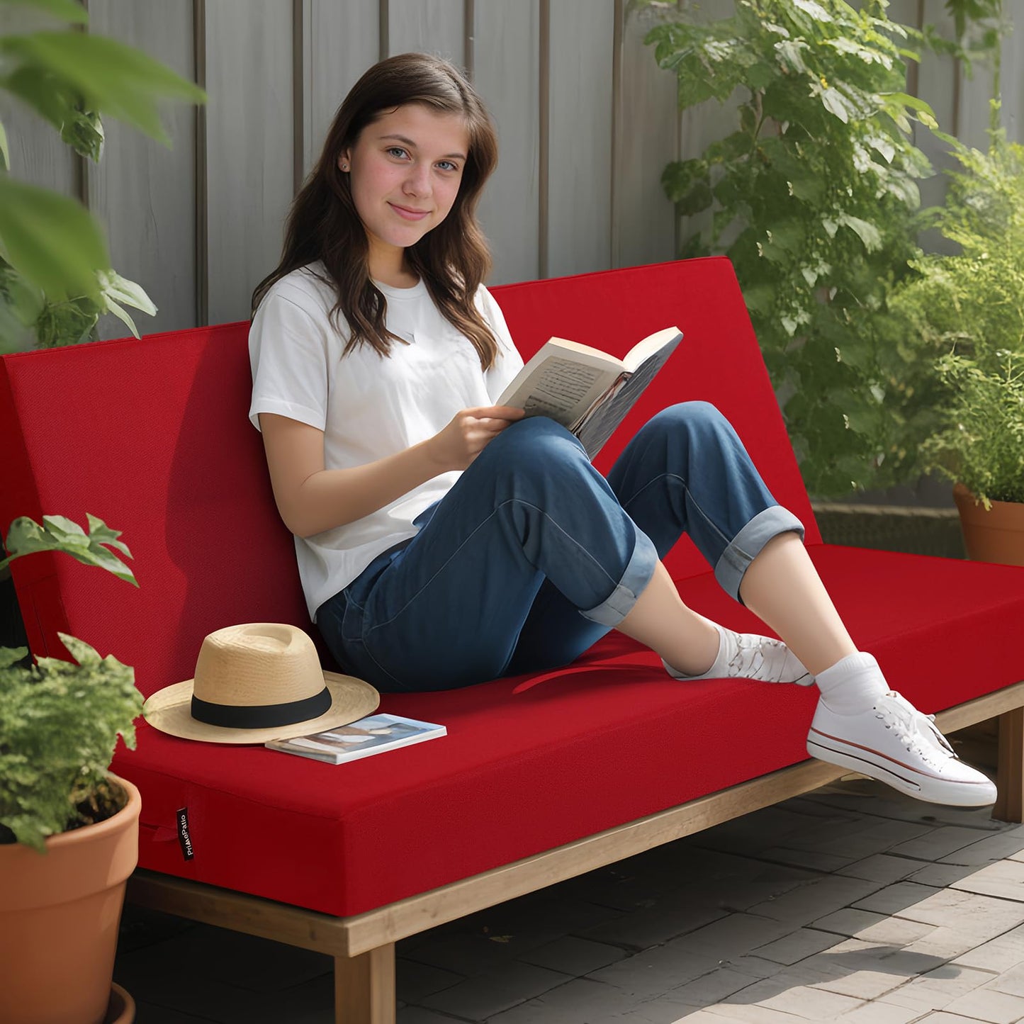 idee-home Outdoor Bench Cushion Waterproof, Bench Cushions for Outdoor Furniture, Patio Porch Swing Replacement Seat Pad with Ties for Garden Backyard, 45 x 18 Inch Red