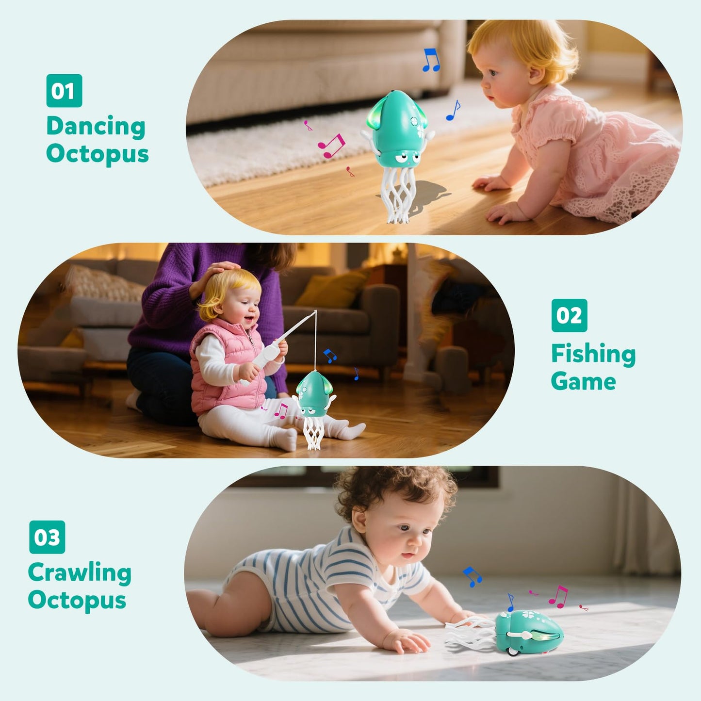 Hirger Dancing Squid Baby Toys, Crawling Octopus Infant Toy for Tummy Time, Sensory Toy for 3-6-12-18 Months Babies & Toddlers 1-2-3, Musical Birthday Gift for Boys Girls