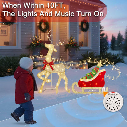 EAMBRITE Christmas Decorations Outdoor, 42 Inch Christmas Reindeer & Sled with 117 Warm White Lights, Motion Sensor 2D Music Lighted Deer Christmas Decor for Xmas Tree Lawn Porch Garden