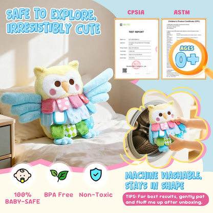 JoyCat Baby Toys 6-12 Months, Soft Baby Beehive with 5 Sensory Bees - Rattle, Crinkle Paper, Squeaker, Mirror + Sensory Owl Stuffed Animal, Soft Tummy Time Toy for Infant with Textured Crinkle Mirror