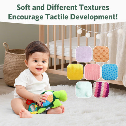 Turtle Baby Sensory Toy, 6 in 1 Montessori Tummy Time Texture Toys, Flip Scales & Multi-Textured Belly & Rattle Squeaker Teethers, Early Educational Shower Gifts for Baby Boy Girl Birthday Gifts
