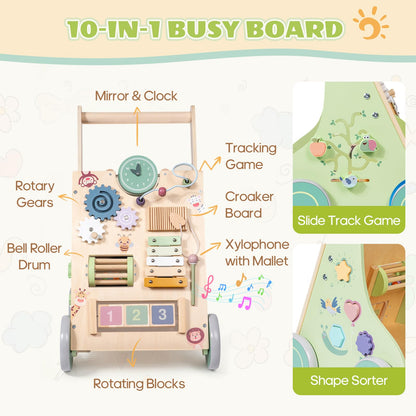 Brownroot Wooden Baby Walker with 10-in-1 Activity Center, Montessori Toddler Push Toy with Xylophone, Shape Sorter & Gears, Early Educational Learning Toy for 1+ Year Old Boys & Girls