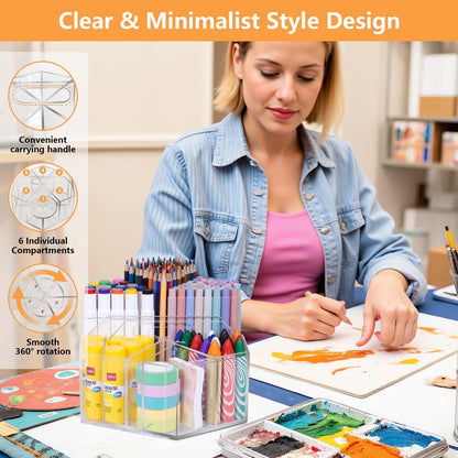 Hiborateed Pen Holder for Desk Acrylic, Large 6 Slots 360-Degree Rotating Marker Organizer Pencil Holder, Caddy Art Supply Organizer Crayon Organizers for Office School
