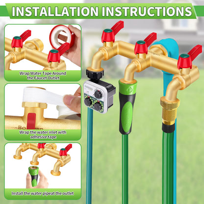 Boltigen 3 Way Water Hose Valve Splitter, Brass High Flow Garden Hose Faucet, 3/4 NPT Inlet to 3/4 GHT Outlet Garden Hose Manifold, Three Way Water Outdoor Splitter with Shut Off, Gold