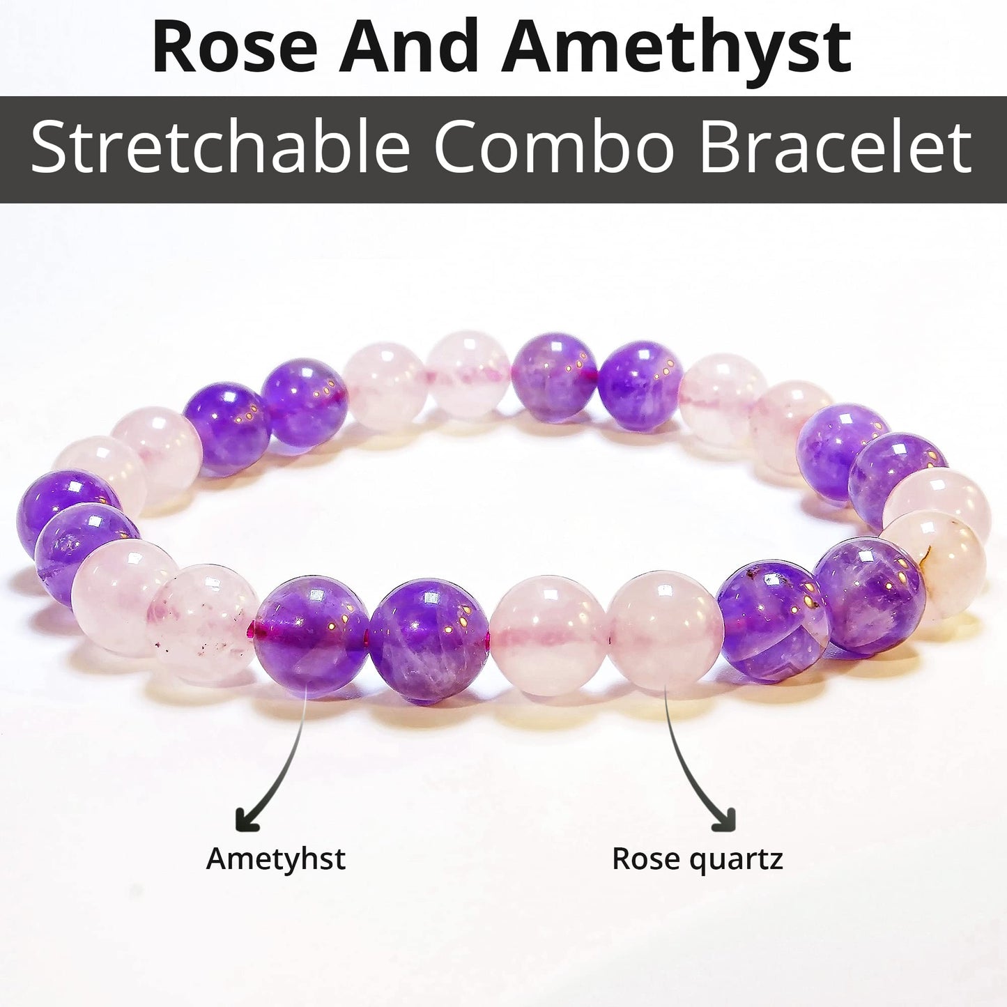 ANAYA AGATE Amethyst, Rose Quartz Bracelet, Natural Healing Crystal Bracelet for Women and Men, 8mm Round Beaded Bracelet for Spiritual, Protection, Positive Energy, Elastic Adjustable Size Gemstone Bead Bracelet