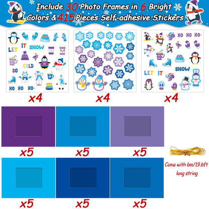 30 Packs Winter Craft Kits for Kids, Holiday DIY Picture Frame Craft Snowflake Penguin Polar Bear Art Party Favor Home Classroom Game Activities
