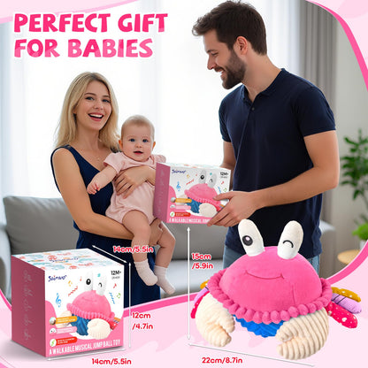 SAIMAND Pink Crawling Crab Baby Toy - Rechargeable Musical Plush Toys with 40 Songs & Voice Recorder, Sensory Toy for Infant Tummy Time, Soft Toy for 12-18 Months Girl, Gift for Toddlers 1-3