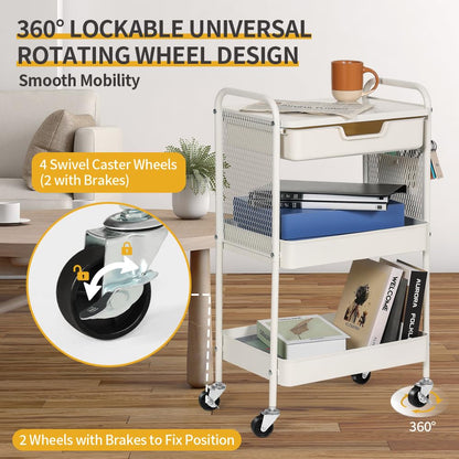 CRUDATE 3-Tier Rolling Cart with Drawer, Metal Utility Storage Cart Organizer with Lockable Wheels&Hanging Cups&Hooks, Mobile Storage Craft Carts Trolley with Mesh Shelves for Kitchen, Office-White