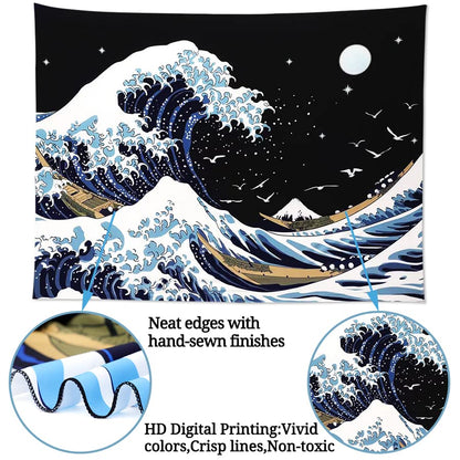 Pentasmile Wall Tapestry for Bedroom Aesthetic Japanese The Great Wave off Kanagawa Tapestries Large Trippy Tapestrys Black Art Tapistry Wall Hanging Decor Ceiling Tapastry (51ʺ × 59ʺ)