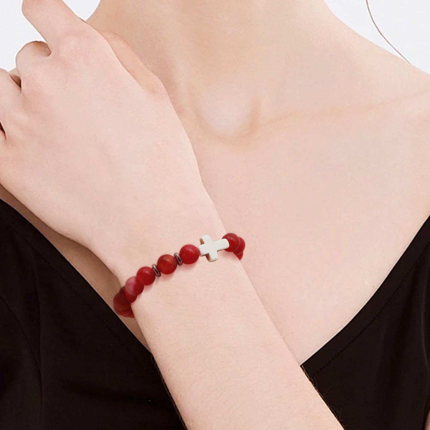 Frigotine Cross Red Agate Beaded Stretch Protection Bracelet for Man Woman, Handmade Carnelian Healing Stone Chakra Beads Elastic Bracelets Catholic Religious Accessories Fashion Jewelry Gift