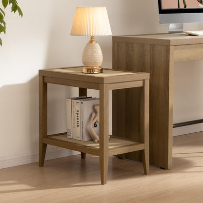 SICOTAS Rattan Night Stand Bedside Table - Farmhouse Boho Narrow End Table for Living Room - Accent Side Table with 2 Rattan Open Storage Shelves for Bedroom, Small Spaces