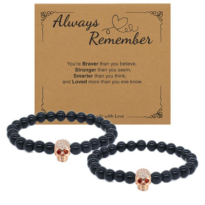 Jendfert Obsidian Energy Beaded Bracelet, Black Tourmaline Beads, Feng Shui Chakra Healing Double Guardian Bracelet, 8mm Black Onyx Beads, Personalized Gift for Men and Women (2 PSC Golden skull)