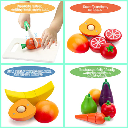 GOPLACS Wooden Play Food Sets for Kids Kitchen - Cutting Fruits and Veggies Toddler Toys Pretend Food Play Kitchen Accessories Montessori Educational Toys Gifts for Kids Boys Girls 3+