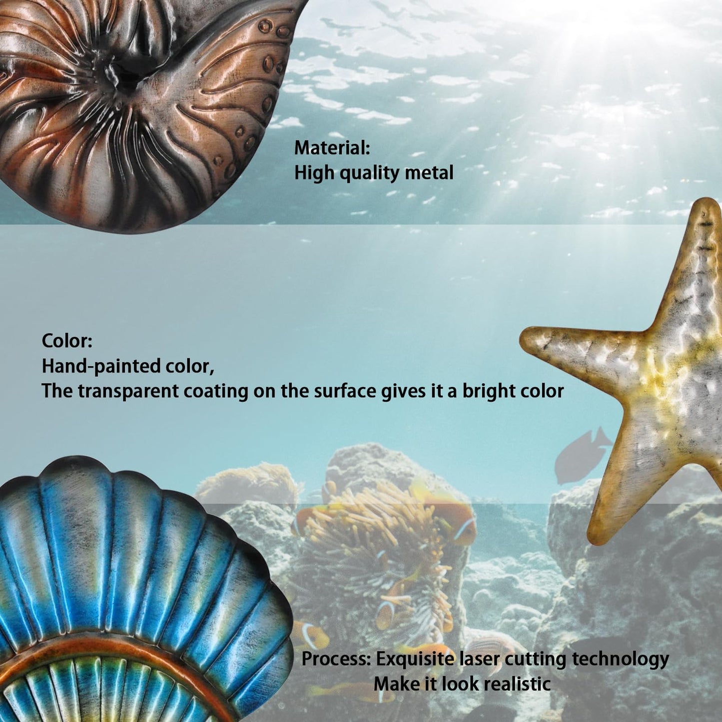 TERKEPT Metal Ocean Wall Sculptures Outdoor Metal Sea Star Conch Wall Art Decor Pool Garden Patio Bathroom Yard Farmhouse Fence Deck