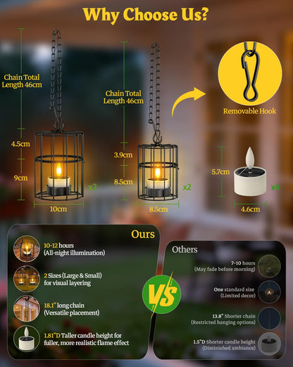 Yme Solar Hanging Lanterns Outdoor Waterproof, 2 Large 2 Small Hanging Candle Holders - 4PCS Flickering Flameless LED Solar Tea Lights, Outdoor Decor for Patio Garden Backyard Tree Fence Pergola