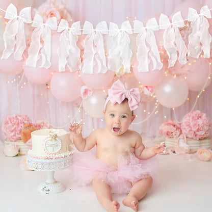 White Ribbon Bow Garland Banner, Girls Bow Birthday Party Decorations, Baby Shower Decor, Tying The Knot Bridal Shower Engagement Wedding Valentines Day Bows Party Supplies