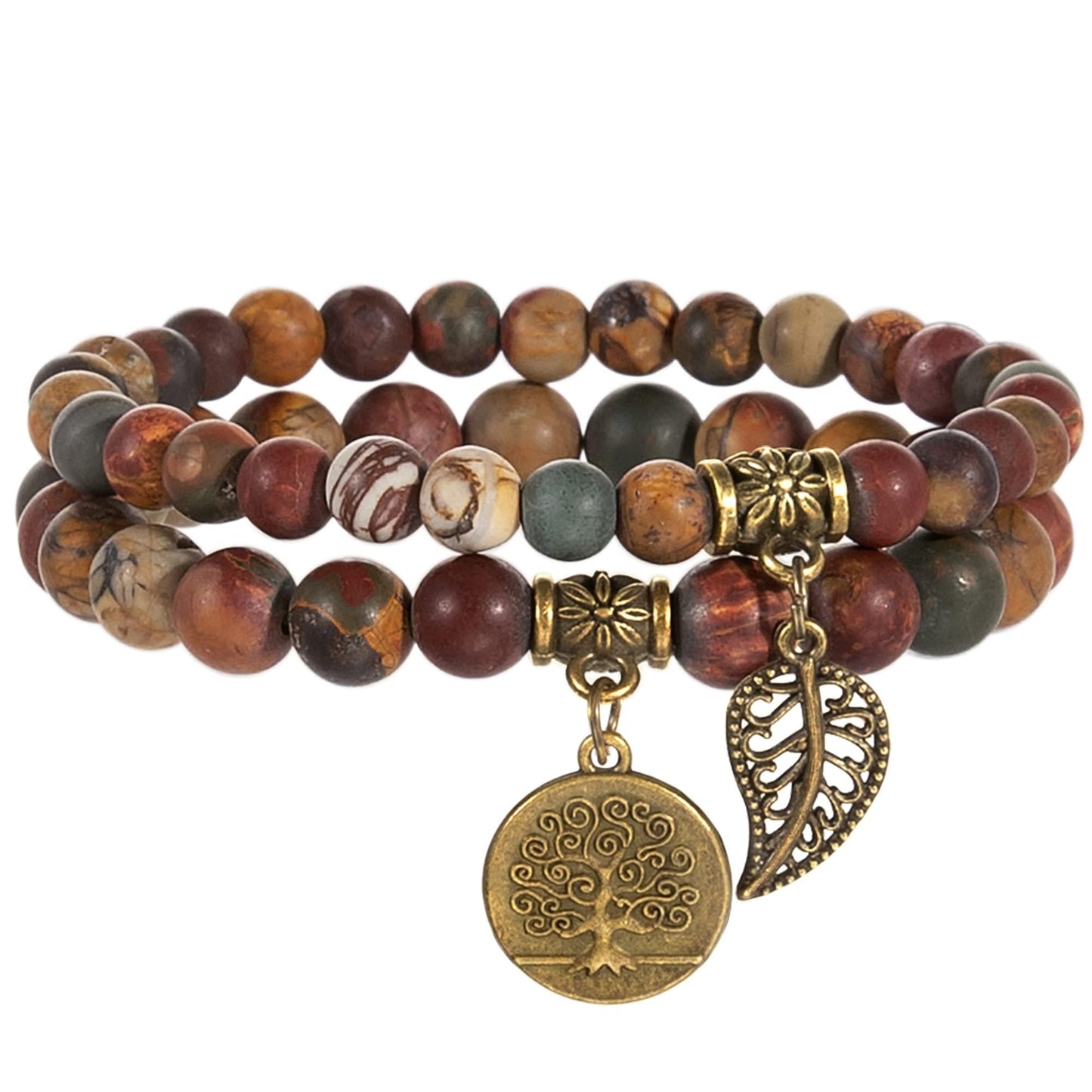 Bivei Natural Semi Precious Gemstone Beaded Bracelets for Women - Life Tree and Leaf Charm Chakra Crystal Picasso Jasper Beads Stretch Bracelet, 8 Inch(Multi-color Picasso Jasper)