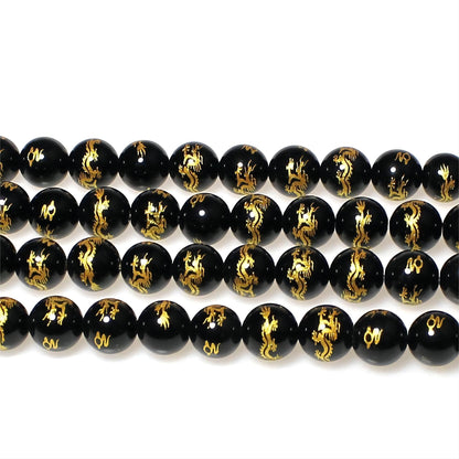 MJDCB Natural Stone Beads 8mm 43pcs Round Black Onyx Carved Dragon Loose Gemstone Bead Charms for Jewelry Making Bracelet Necklace Earring Pendant