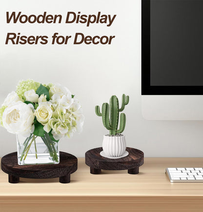 LINGXIANSENG 3 Pcs Wooden Risers for Display, Round Wood Riser Plant Stand 5/6/8" Pedestal Stand, Flower Pot Holder Small Planter Tray for Kitchen Home Décor (Rustic Brown)