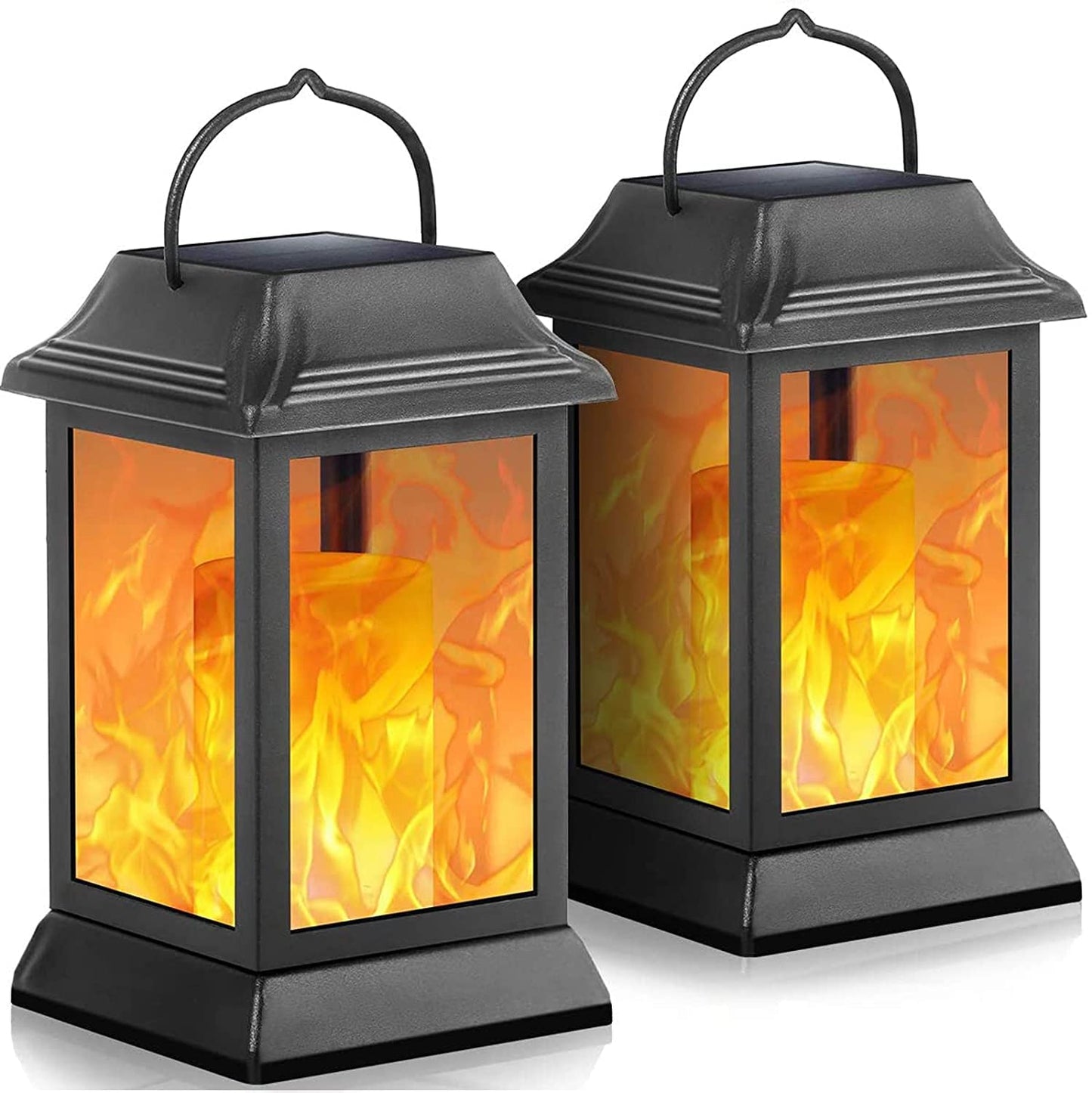 TomCare Solar Lights Metal Flickering Flame Solar Lantern Outdoor Hanging Lanterns Decorative Lighting Heavy Duty Solar Powered Waterproof Umbrella Lighting for Garden Yard Patio Deck, 2 Pack（Black）