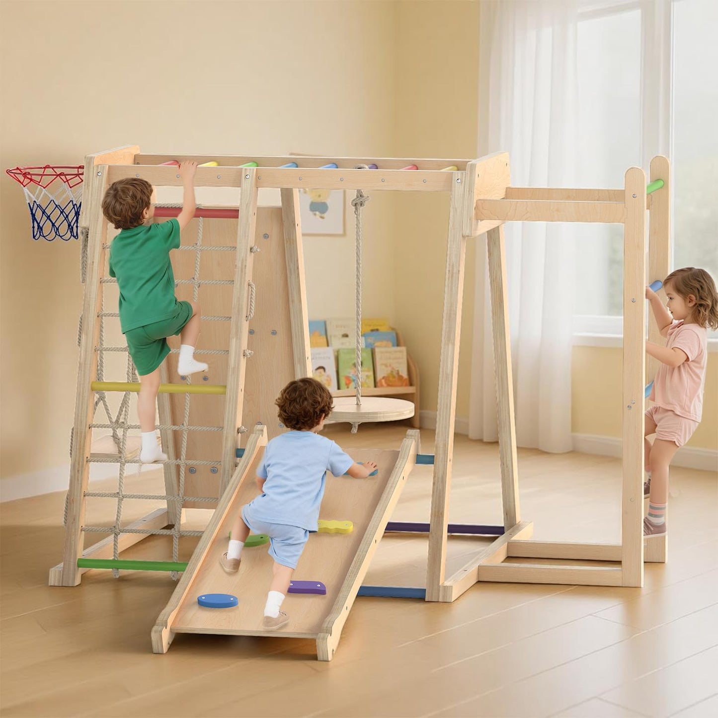 OLAKIDS Indoor Jungle Gym, 9 in 1 Wooden Montessori Baby Climbing Toys with Adjustable 2 Swings Ramp, Monkey Bar Basketball Hoop Ladder Climb Net (Colorful)