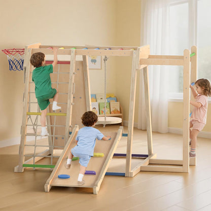 OLAKIDS Indoor Jungle Gym, 9 in 1 Wooden Montessori Baby Climbing Toys with Adjustable 2 Swings Ramp, Monkey Bar Basketball Hoop Ladder Climb Net (Colorful)