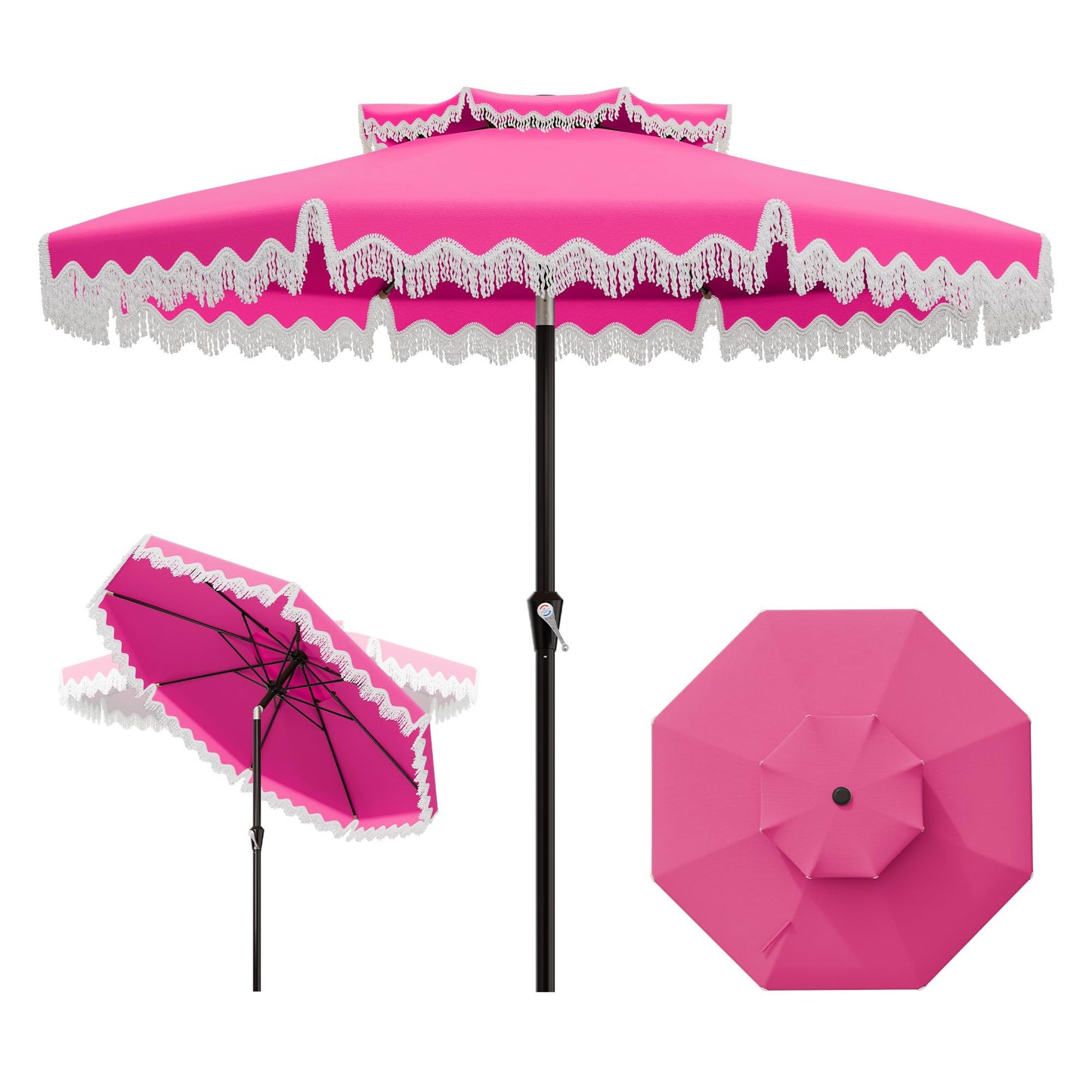 AreShark 9FT Patio Umbrella with Fringe, Wind-Resistant Fiberglass 8 Ribs Tassel Outdoor Umbrella with Crank and Push Button Tilt, Double Tier Vent Sun Shade for Pool, Deck, Backyard, Rose Pink