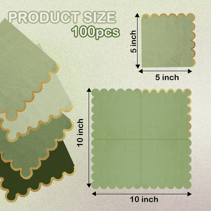 100 pack Green Cocktail Napkins with Gold Foil Accents Scalloped Edges 5 x 5 inch Beverage Disposable Napkin Party Decoration Wedding Bridal and Baby Shower Dinner Lunch Supplies
