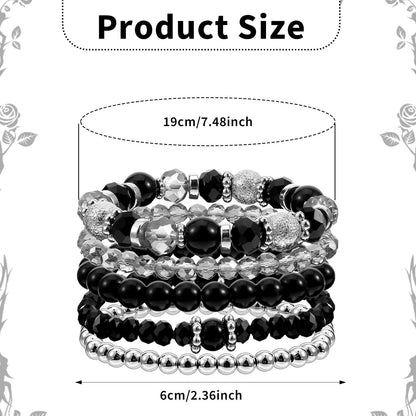 Ouligay 5 PCS Black Beaded Bracelets for Women Men Stackable Bracelet Gothic Crystal Bead Bracelets Stretch Layering Bracelet Anxiety Stress Relief Jewelry Gifts