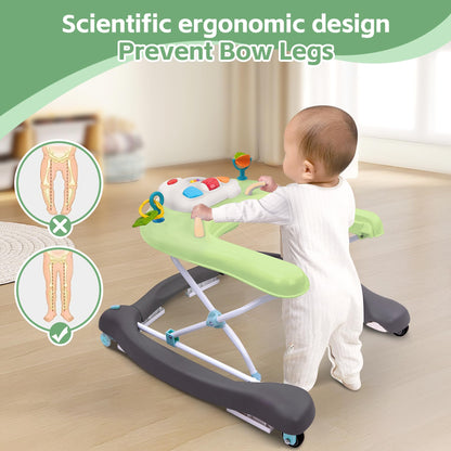 Pawtong Foldable Baby 5-in-1 Activity Walker - Rocker, Activity Center, Bouncer, Seat Walker, Push Walker - Adjustable Speed Rear Wheels and Height Toys Ages 6-18 Months… (Green)