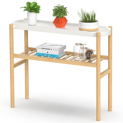 HoVoit Bamboo Plant Stands Indoor, 2 Tier Steel Tray Plant Table Tall Corner Multiple Plant Holder Display Rack for Outdoor Garden Home