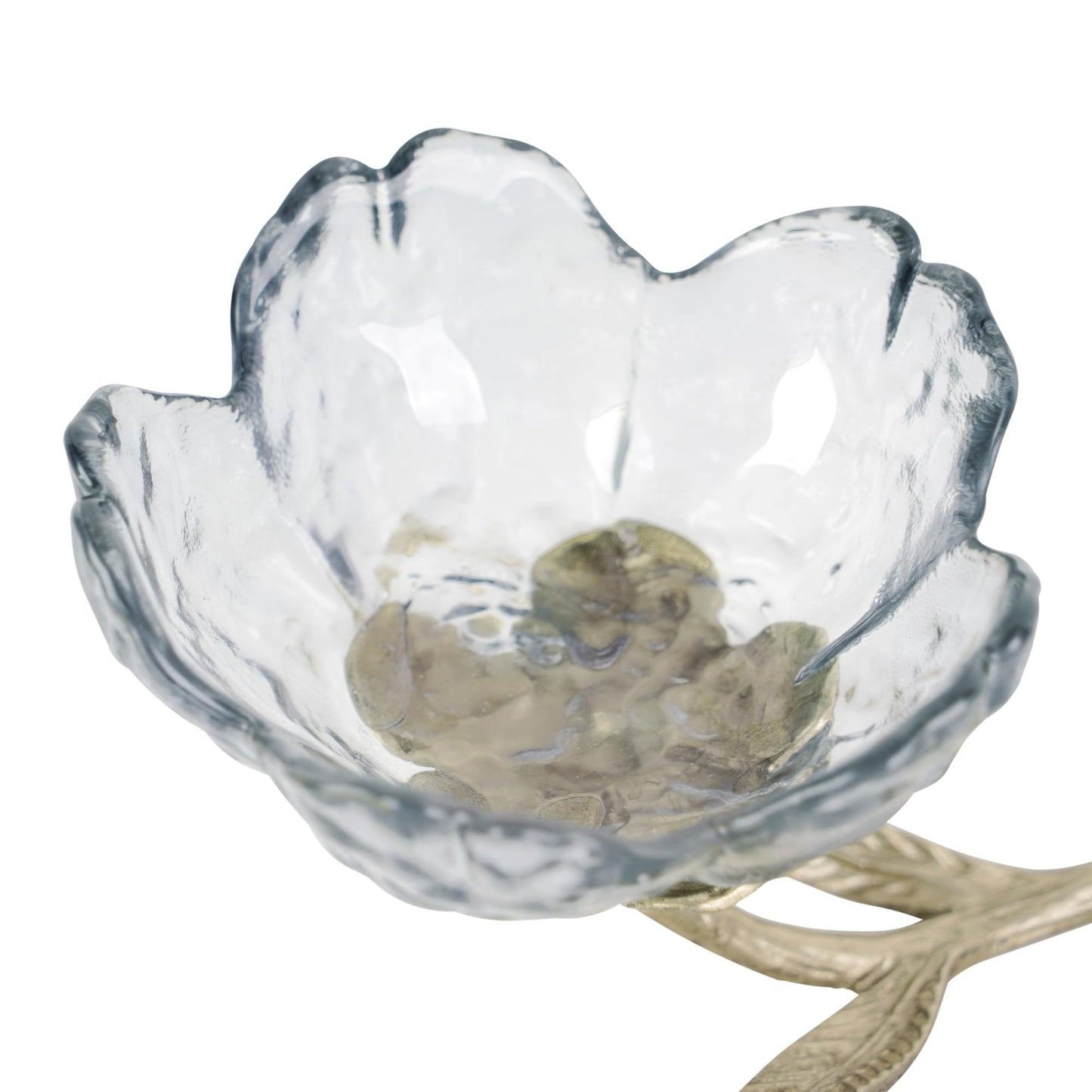 SOFFEE DESIGN Dark Glass Flower Jewelry Tray with Gold Metal Leaf Base, Jewelry Dish Ash Tray for Vanity Table, Moody Home Decor Accent