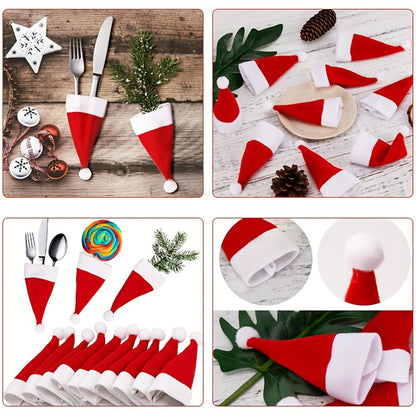 Tort-Mangou 30 Pcs Mini Santa Hats for Christmas Party, Table Dinner Decorations, Wine Bottle Covers and Silverware Holders - 2.36 x 4.72 Inch