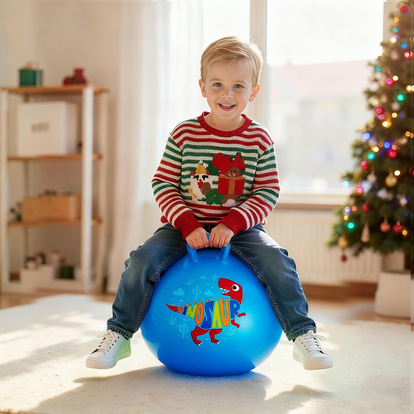 ZOOJOY Hopper Ball for Kids,18Inch Bouncy Ball with Handle - Blue Dinosaur Toys for 3-8 Years Old Boys Girls with Pump, Inflatable Toddler Bouncer Gifts for Indoor Outdoor Active Play